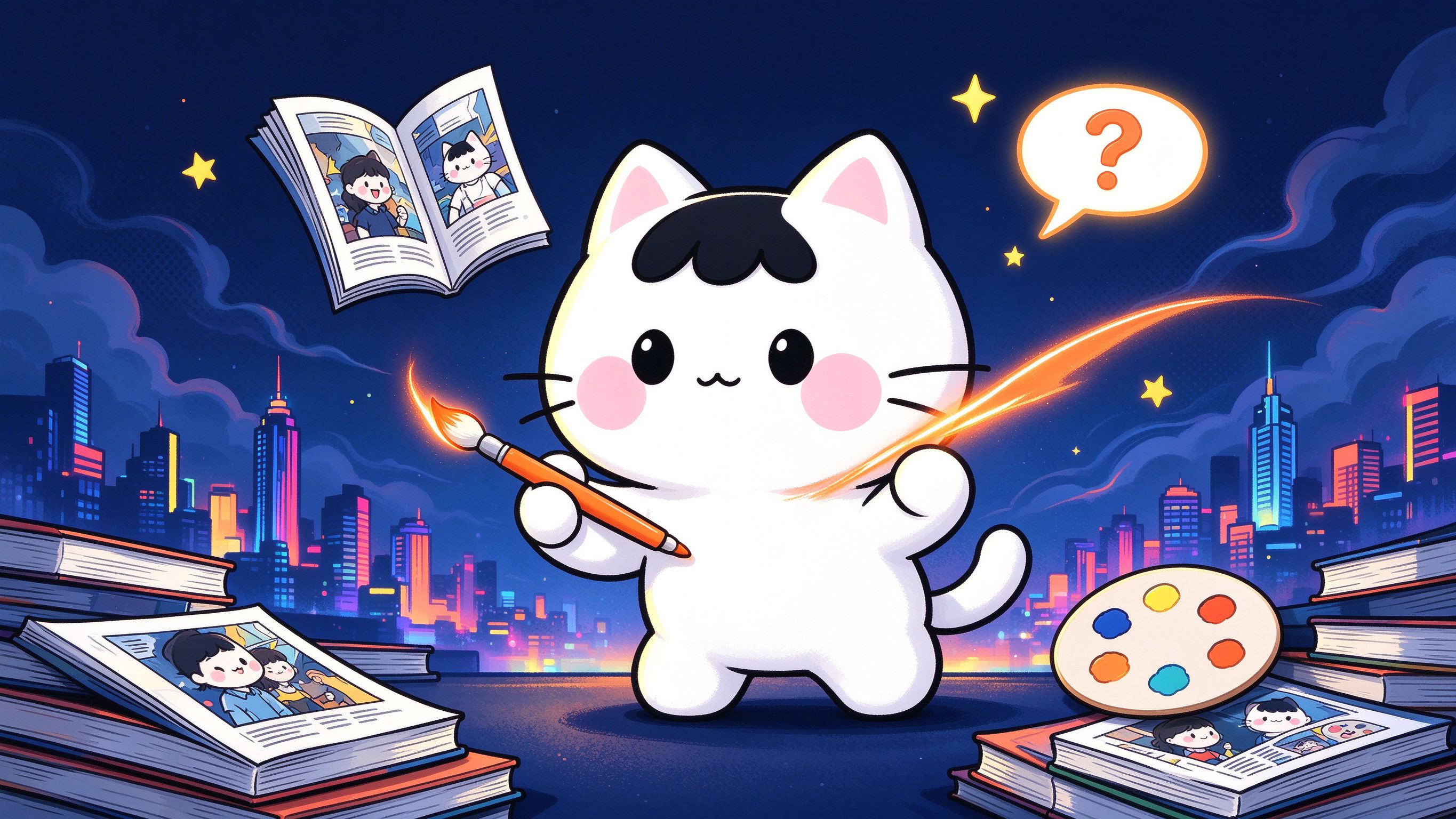 mycomic漫画主视觉：创作中的猫咪插画